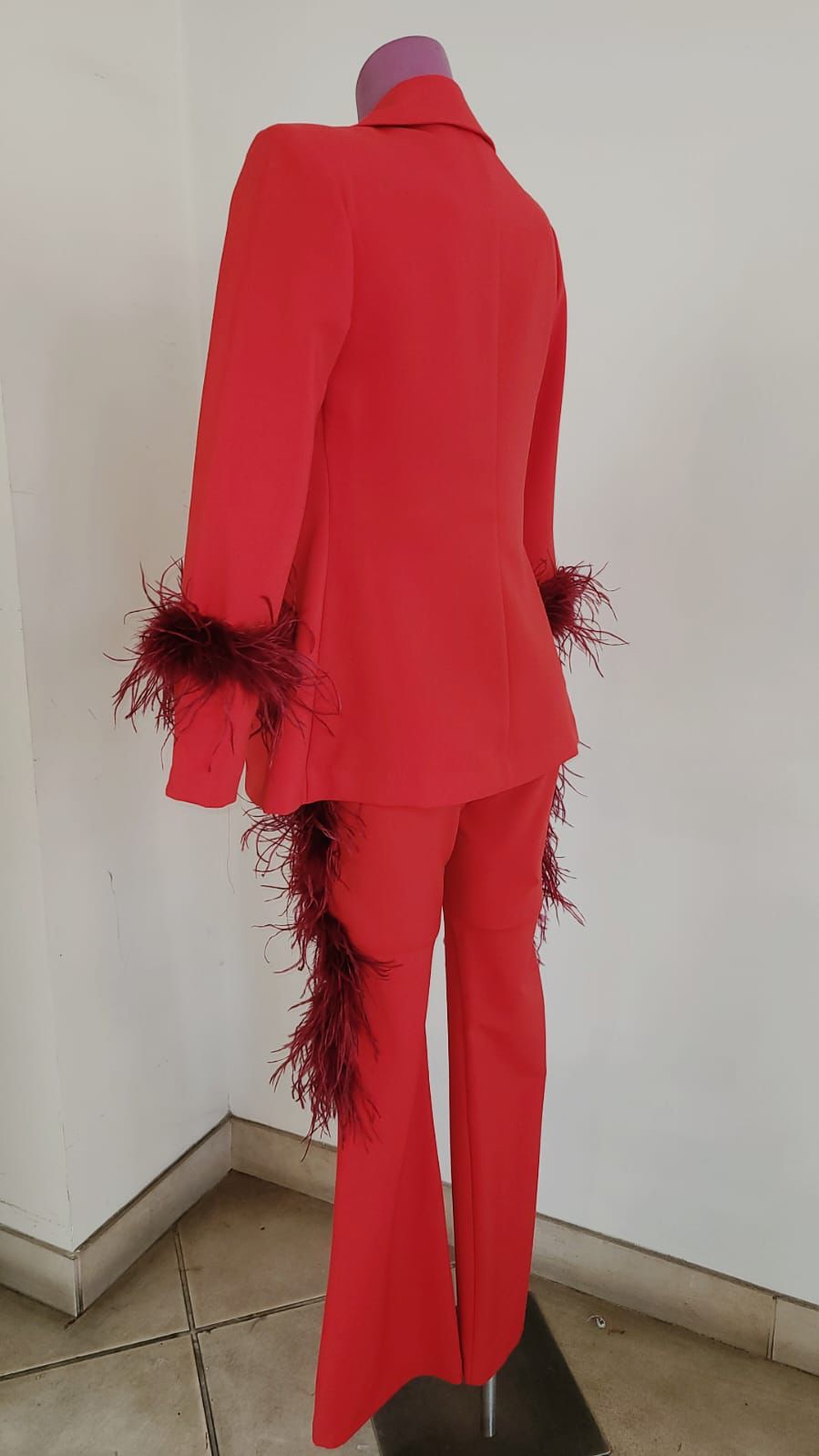 Pants suit scuba with feather