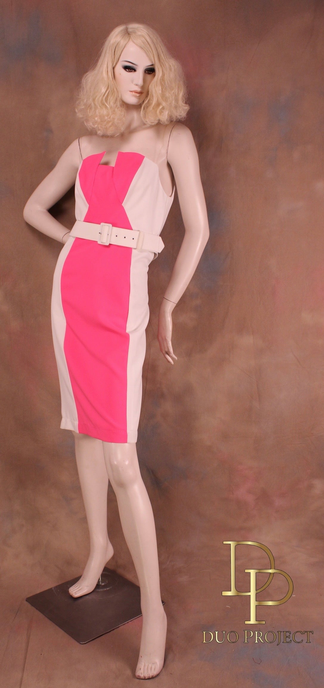 Barbie Strapless Belted Dress Color Block/ Pink