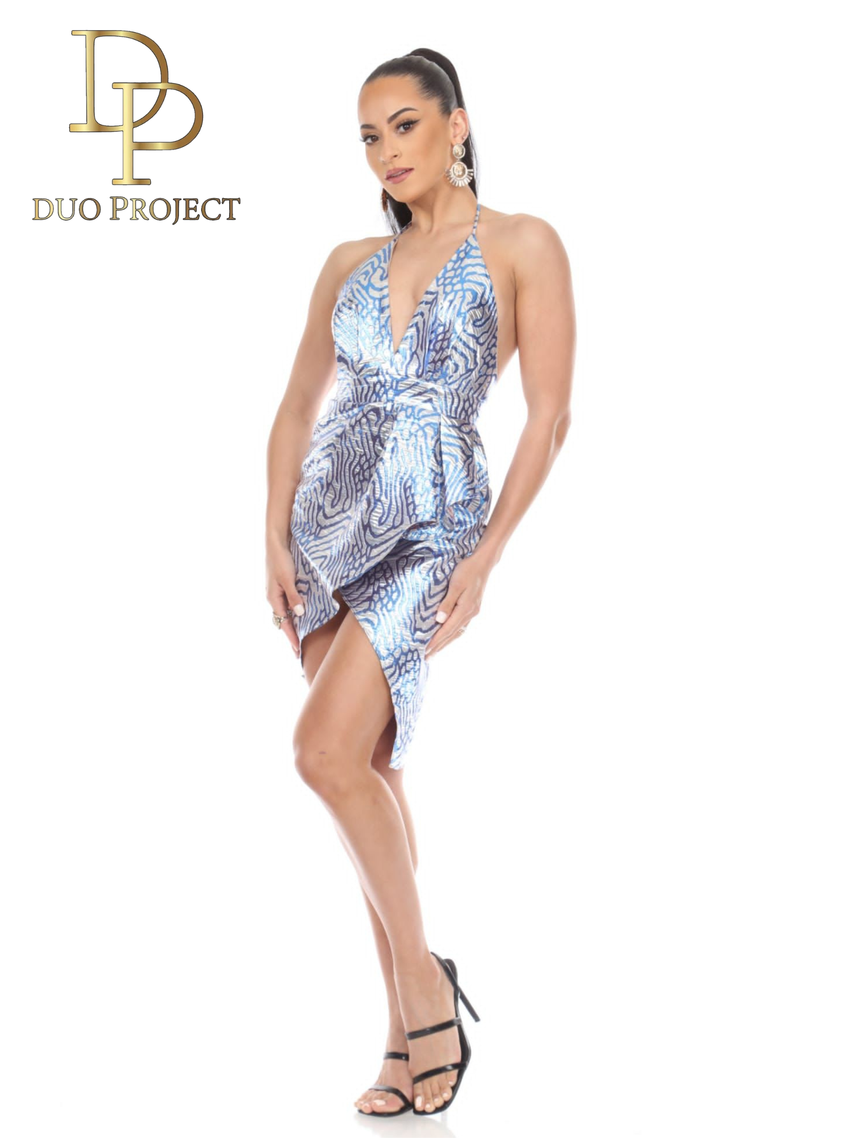 Short open back print metallic dress