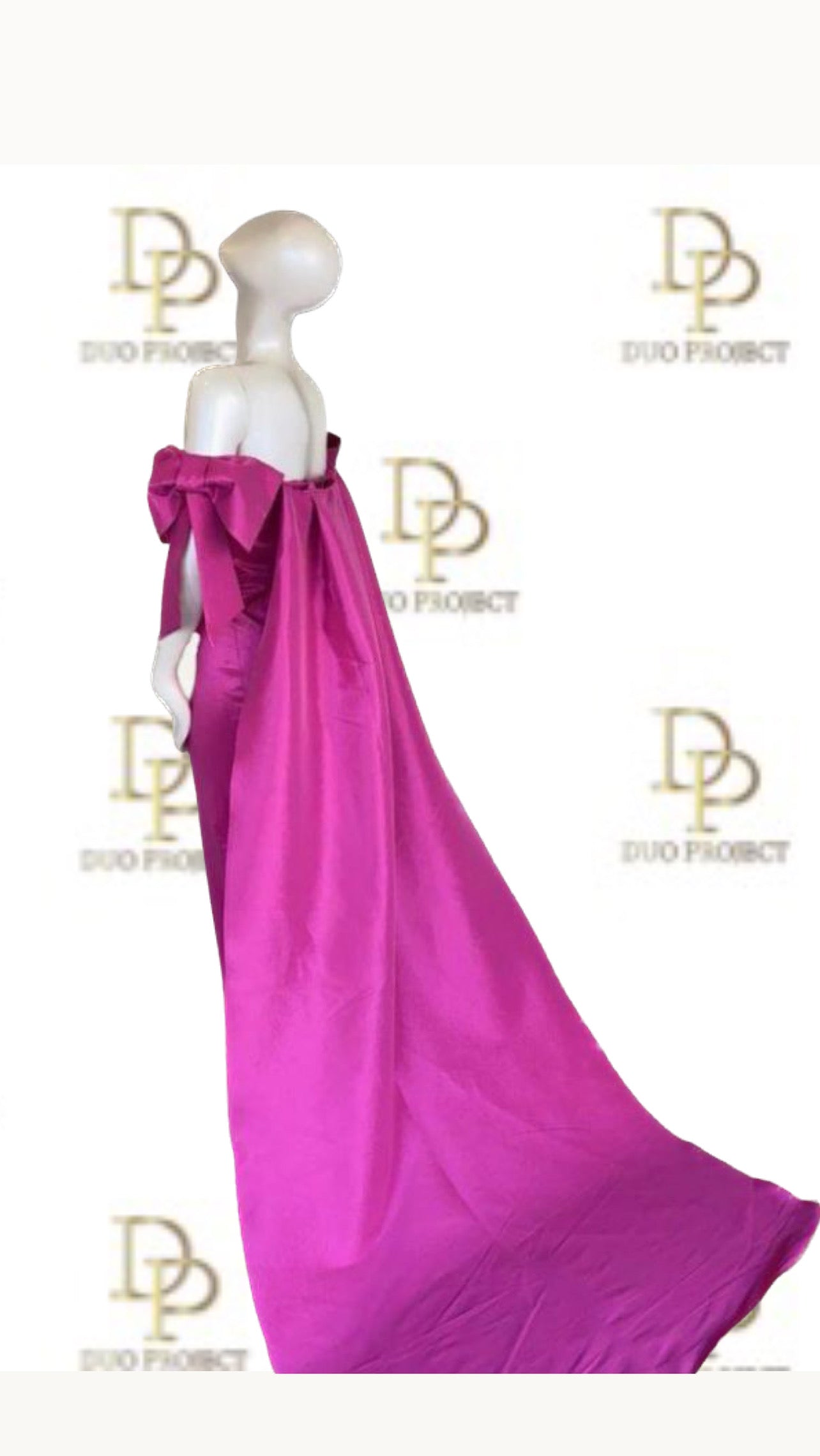 Bow off shoulder taffeta gown w/ detachable cape