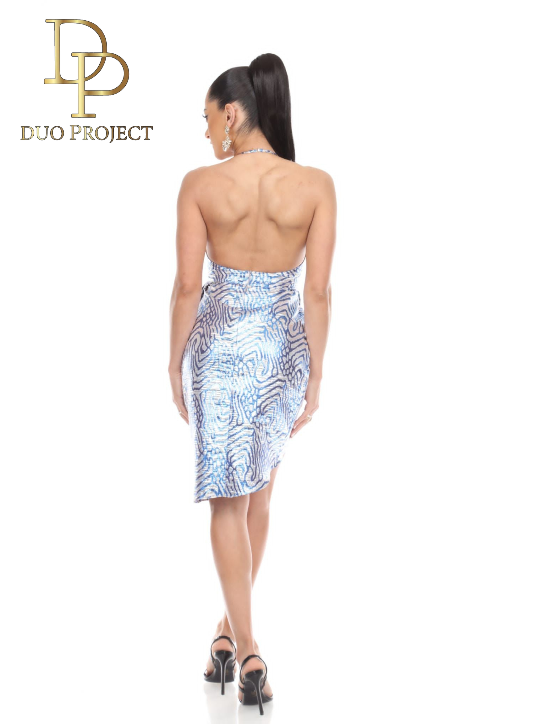 Short open back print metallic dress