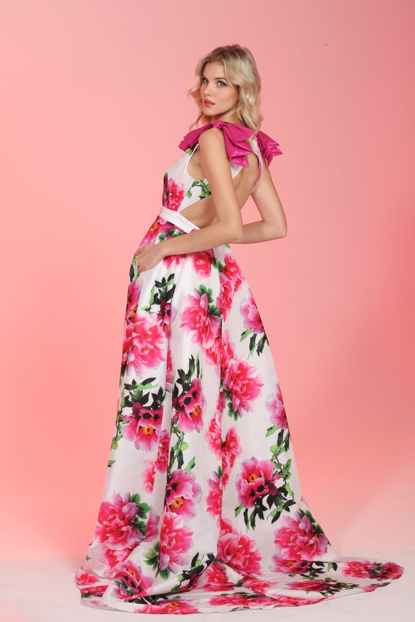 Taffeta flower print gown with bows