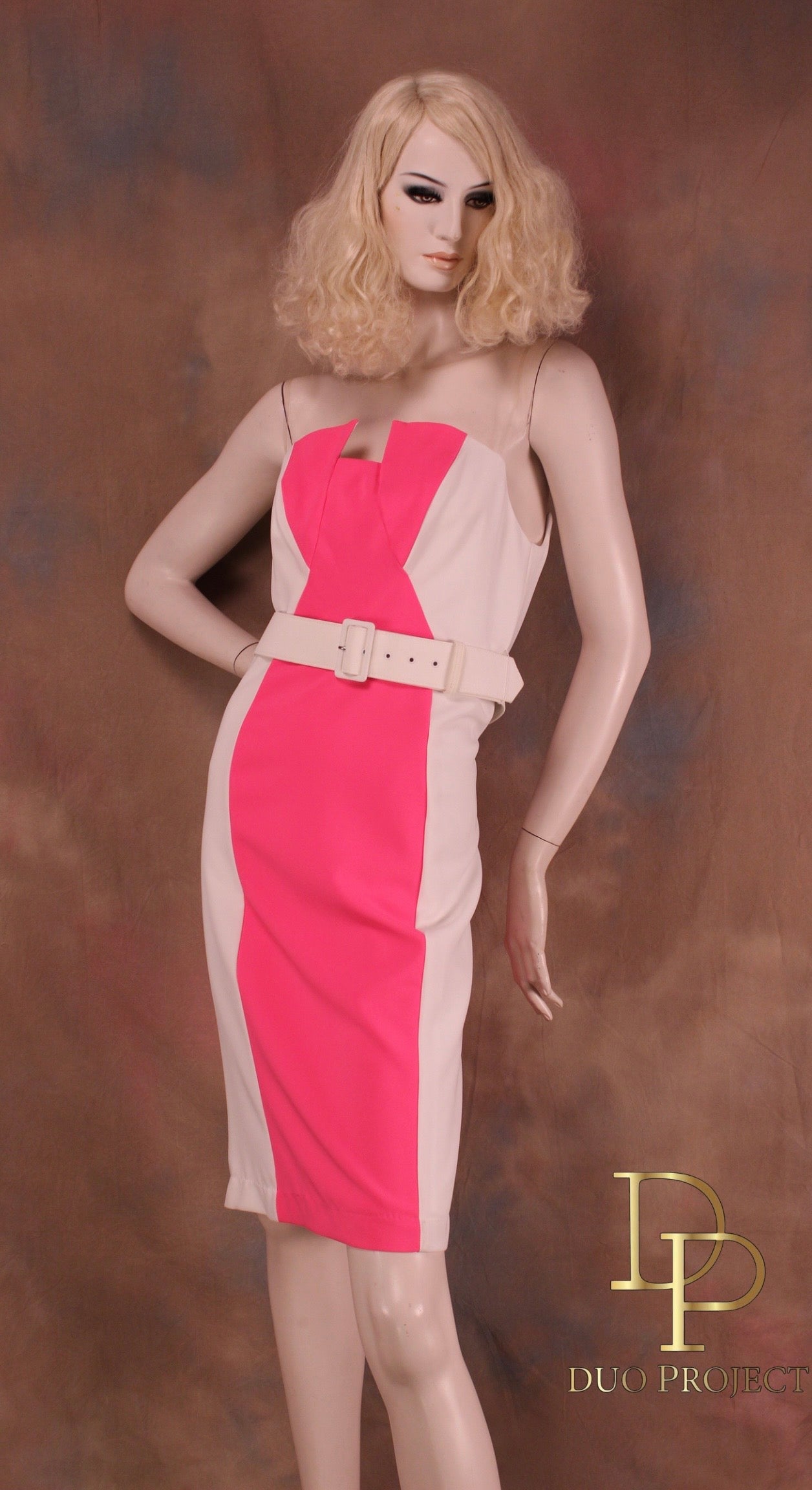 Barbie Strapless Belted Dress Color Block/ Pink