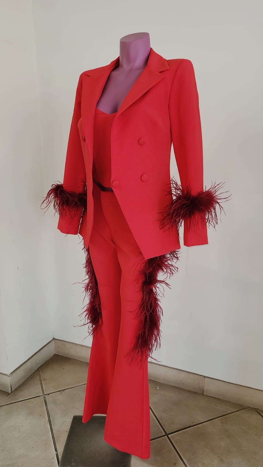 Pants suit scuba with feather