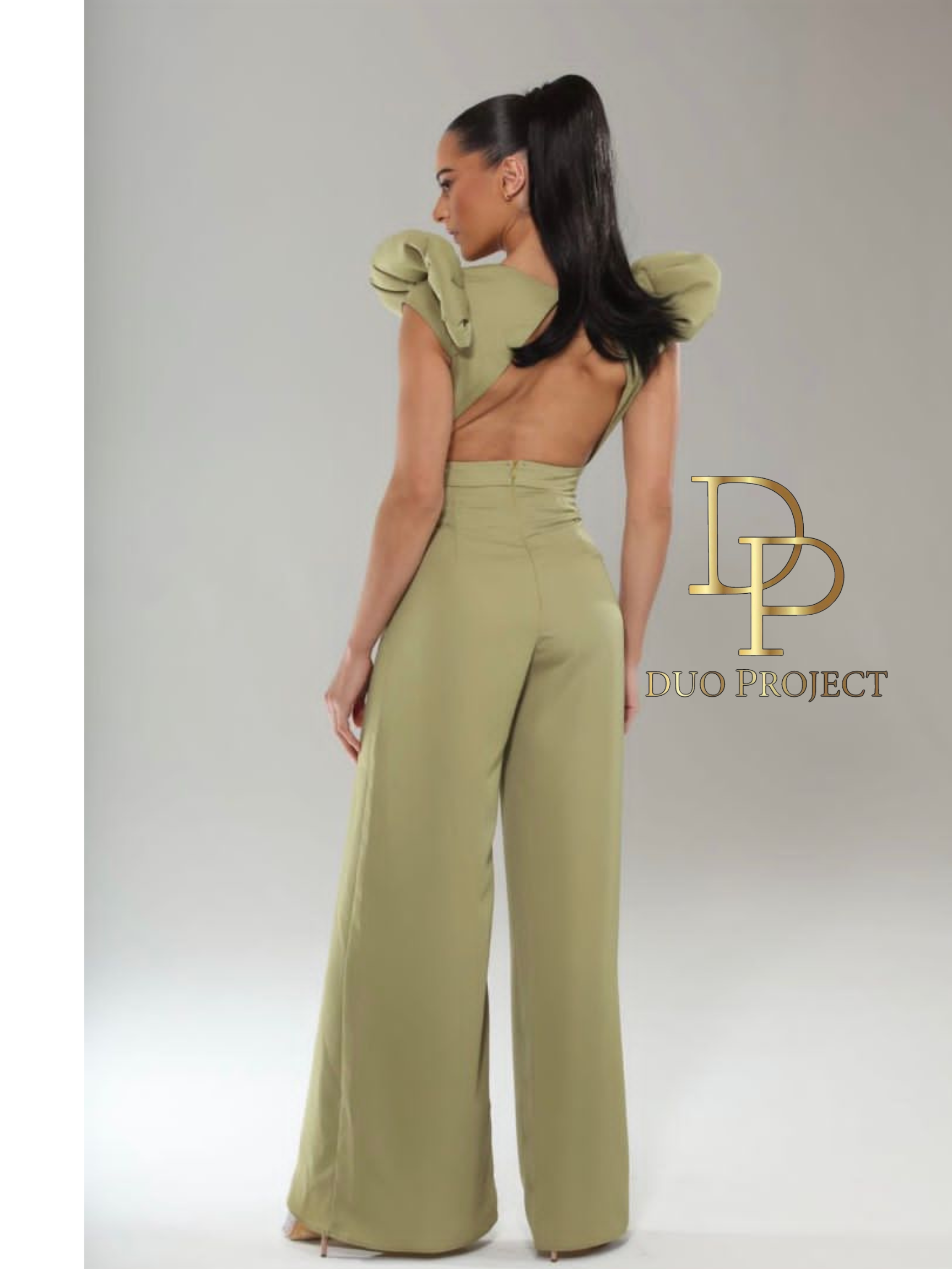 Elizabeth Padded Ruffle  Shoulder V-Neckline Satin Jumpsuit