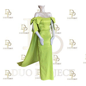 Bow off shoulder taffeta gown w/ detachable cape